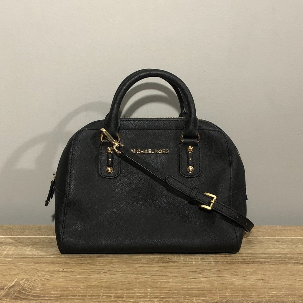 Michael Kors Sandrine Small Black Leather Satchel Crossbody Handbag